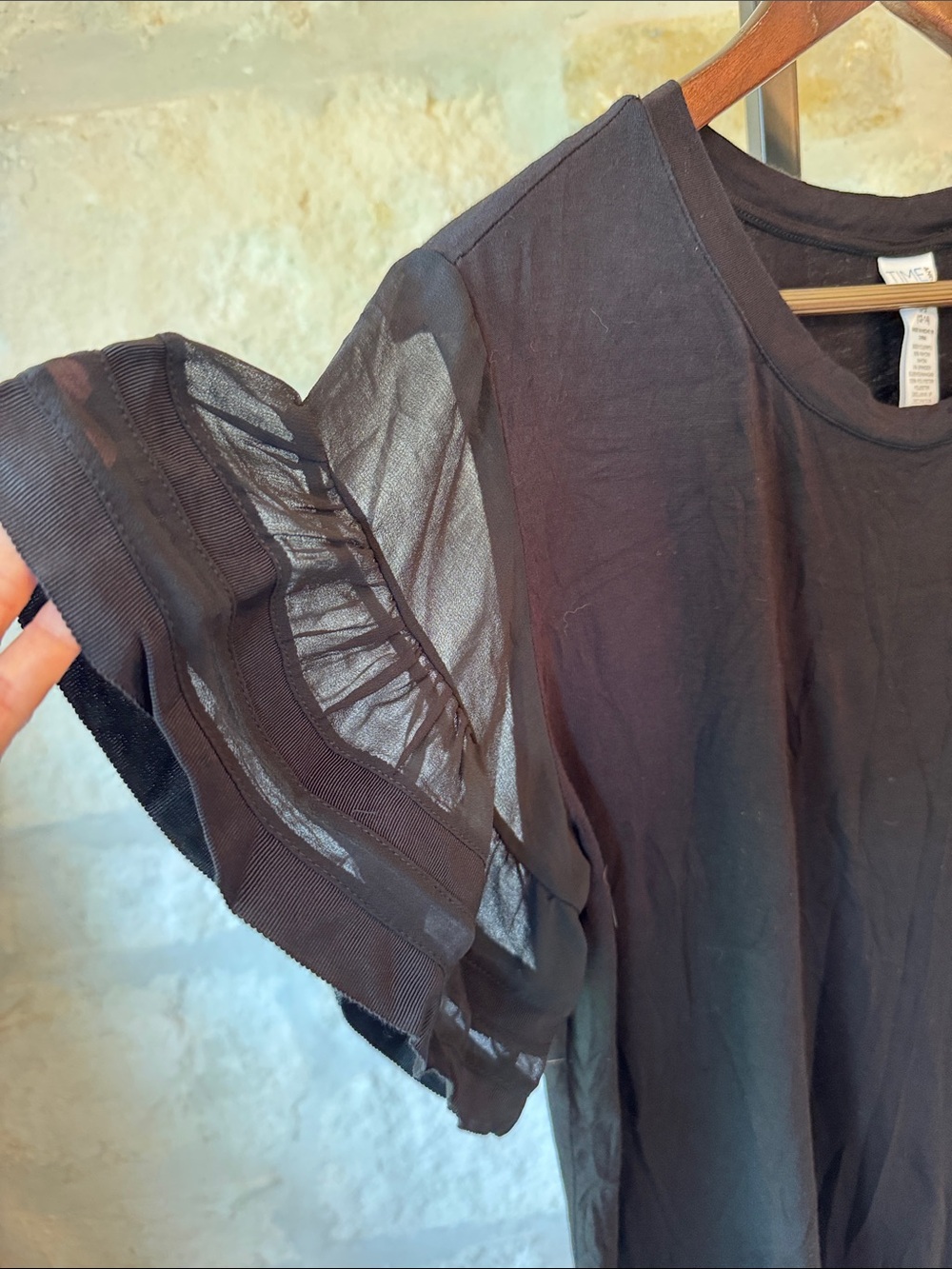 Time and Tru Black Short Sleeve Tee with Sheer Ruffle Sleeves - Picture 3 of 5